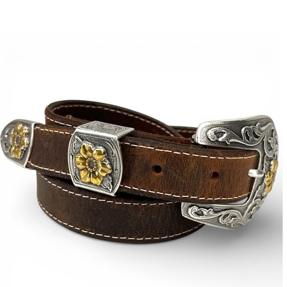 Vintage 90\'s Brown Belt XL Western mixed metal boho cowgirl daisies artisan main image 8